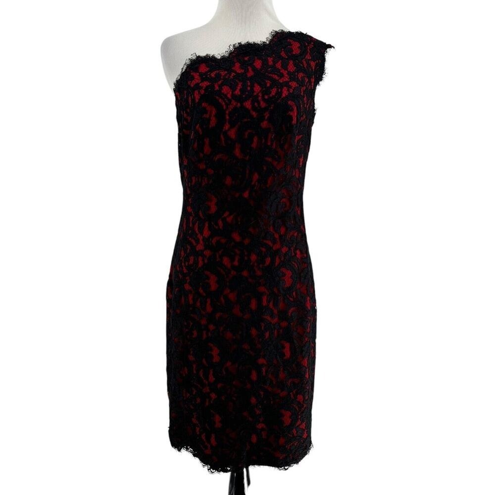 Tadashi Shoji Women's Red & Black Lace One Shoulder Sheath Dress Size 6